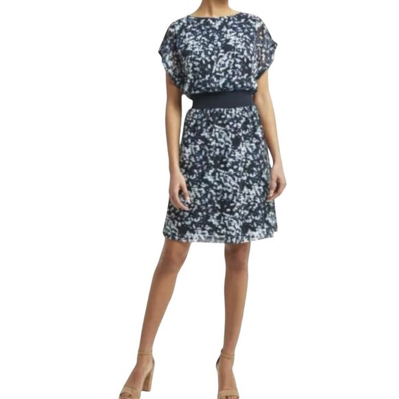 H by Halston Layered Dress, Brush Stroke Blue Sky Cap Sleeves Women's Size M - Picture 1 of 10